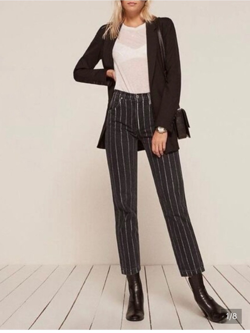 Reformation Smart Ass roper black pinstripe crop jean